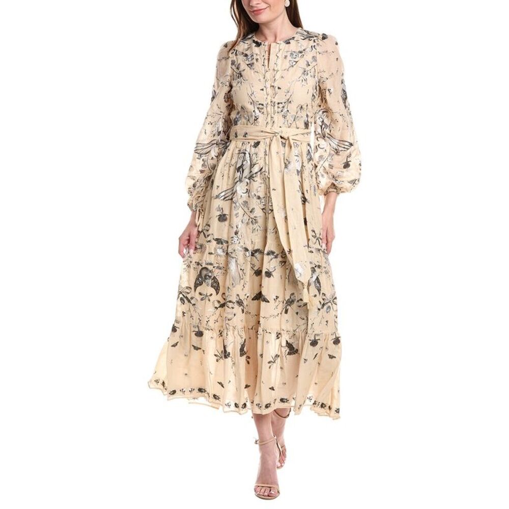 Marchesa Notte Womens  Threadwork Voile Maxi Dress, Beige